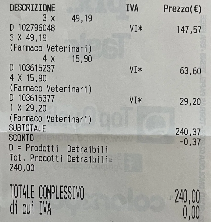 Scontrino della farmacia con i farmaci veterinari di una cucciolata, una delle voci del prezzo di un cucciolo di Staffordshire Bull Terrier: Panacur e Milbemax per i cuccioli, Milbemax per la madre